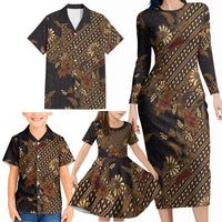 Indonesian Parang Batik Family Matching Long Sleeve Bodycon Dress and Hawaiian Shirt Brown Gold Floral Pattern