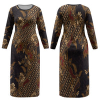 Indonesian Parang Batik Family Matching Long Sleeve Bodycon Dress and Hawaiian Shirt Brown Gold Floral Pattern