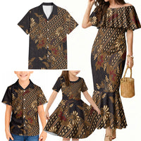 Indonesian Parang Batik Family Matching Mermaid Dress and Hawaiian Shirt Brown Gold Floral Pattern