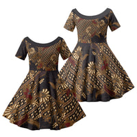 Indonesian Parang Batik Family Matching Mermaid Dress and Hawaiian Shirt Brown Gold Floral Pattern