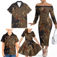 Indonesian Parang Batik Family Matching Off The Shoulder Long Sleeve Dress and Hawaiian Shirt Brown Gold Floral Pattern