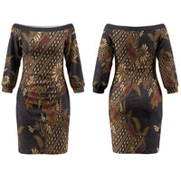 Indonesian Parang Batik Family Matching Off The Shoulder Long Sleeve Dress and Hawaiian Shirt Brown Gold Floral Pattern