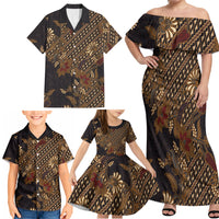 Indonesian Parang Batik Family Matching Off Shoulder Maxi Dress and Hawaiian Shirt Brown Gold Floral Pattern