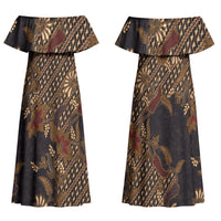 Indonesian Parang Batik Family Matching Off Shoulder Maxi Dress and Hawaiian Shirt Brown Gold Floral Pattern