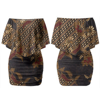 Indonesian Parang Batik Family Matching Off Shoulder Short Dress and Hawaiian Shirt Brown Gold Floral Pattern