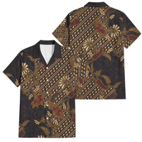 Indonesian Parang Batik Family Matching Off Shoulder Short Dress and Hawaiian Shirt Brown Gold Floral Pattern