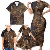 Indonesian Parang Batik Family Matching Short Sleeve Bodycon Dress and Hawaiian Shirt Brown Gold Floral Pattern