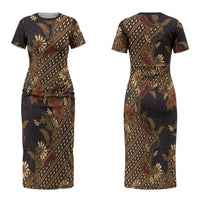 Indonesian Parang Batik Family Matching Short Sleeve Bodycon Dress and Hawaiian Shirt Brown Gold Floral Pattern