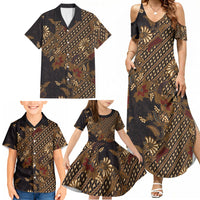 Indonesian Parang Batik Family Matching Summer Maxi Dress and Hawaiian Shirt Brown Gold Floral Pattern