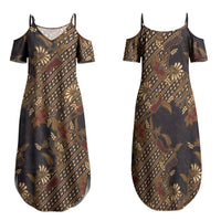 Indonesian Parang Batik Family Matching Summer Maxi Dress and Hawaiian Shirt Brown Gold Floral Pattern
