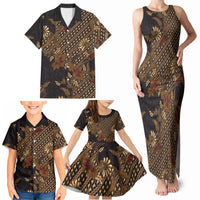 Indonesian Parang Batik Family Matching Tank Maxi Dress and Hawaiian Shirt Brown Gold Floral Pattern