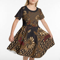 Indonesian Parang Batik Kid Short Sleeve Dress Brown Gold Floral Pattern