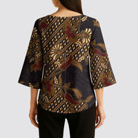 Indonesian Parang Batik Kimono Sleeve Blouse Brown Gold Floral Pattern
