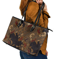 Indonesian Parang Batik Leather Tote Bag Brown Gold Floral Pattern