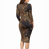 Indonesian Parang Batik Long Sleeve Bodycon Dress Brown Gold Floral Pattern