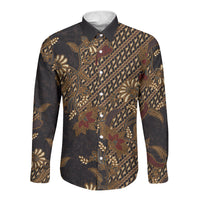 Indonesian Parang Batik Long Sleeve Button Shirt Brown Gold Floral Pattern