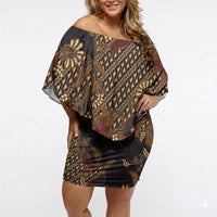 Indonesian Parang Batik Off Shoulder Short Dress Brown Gold Floral Pattern