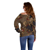 Indonesian Parang Batik Off Shoulder Sweater Brown Gold Floral Pattern