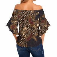 Indonesian Parang Batik Off Shoulder Wrap Waist Top Brown Gold Floral Pattern
