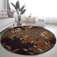 Indonesian Parang Batik Round Carpet Brown Gold Floral Pattern