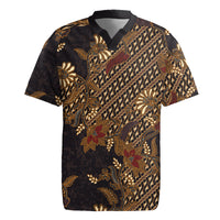 Indonesian Parang Batik Rugby Jersey Brown Gold Floral Pattern