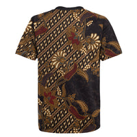 Indonesian Parang Batik Rugby Jersey Brown Gold Floral Pattern