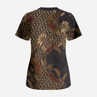 Indonesian Parang Batik Scrub Top Brown Gold Floral Pattern