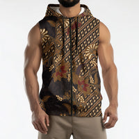 Indonesian Parang Batik Sleeveless Zip Hoodie Brown Gold Floral Pattern