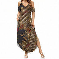 Indonesian Parang Batik Summer Maxi Dress Brown Gold Floral Pattern