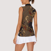Indonesian Parang Batik Women Sleeveless Polo Shirt Brown Gold Floral Pattern
