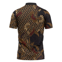 Indonesian Parang Batik Zipper Polo Shirt Brown Gold Floral Pattern