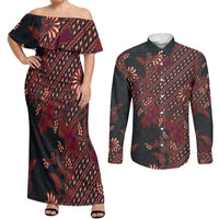 Indonesian Parang Batik Couples Matching Off Shoulder Maxi Dress and Long Sleeve Button Shirt Red Floral Pattern