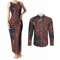 Indonesian Parang Batik Couples Matching Tank Maxi Dress and Long Sleeve Button Shirt Red Floral Pattern