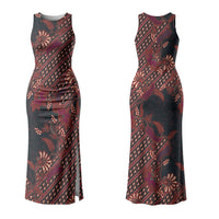 Indonesian Parang Batik Couples Matching Tank Maxi Dress and Long Sleeve Button Shirt Red Floral Pattern