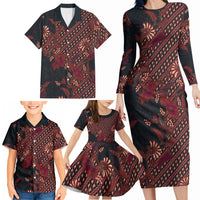 Indonesian Parang Batik Family Matching Long Sleeve Bodycon Dress and Hawaiian Shirt Red Floral Pattern