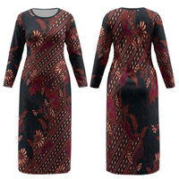 Indonesian Parang Batik Family Matching Long Sleeve Bodycon Dress and Hawaiian Shirt Red Floral Pattern