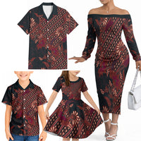 Indonesian Parang Batik Family Matching Off The Shoulder Long Sleeve Dress and Hawaiian Shirt Red Floral Pattern