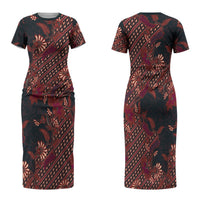 Indonesian Parang Batik Family Matching Short Sleeve Bodycon Dress and Hawaiian Shirt Red Floral Pattern