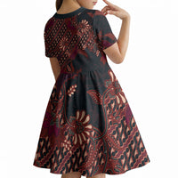 Indonesian Parang Batik Kid Short Sleeve Dress Red Floral Pattern
