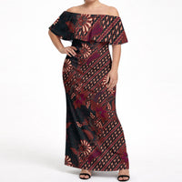 Indonesian Parang Batik Off Shoulder Maxi Dress Red Floral Pattern