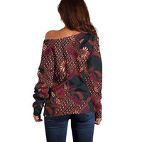 Indonesian Parang Batik Off Shoulder Sweater Red Floral Pattern