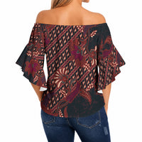 Indonesian Parang Batik Off Shoulder Wrap Waist Top Red Floral Pattern