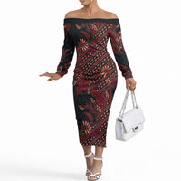 Indonesian Parang Batik Off The Shoulder Long Sleeve Dress Red Floral Pattern