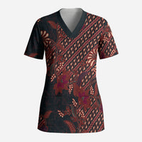 Indonesian Parang Batik Scrub Top Red Floral Pattern