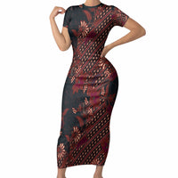 Indonesian Parang Batik Short Sleeve Bodycon Dress Red Floral Pattern