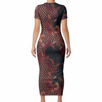Indonesian Parang Batik Short Sleeve Bodycon Dress Red Floral Pattern