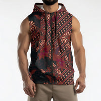 Indonesian Parang Batik Sleeveless Zip Hoodie Red Floral Pattern