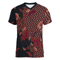 Indonesian Parang Batik Women V-Neck T-Shirt Red Floral Pattern