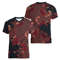 Indonesian Parang Batik Women V-Neck T-Shirt Red Floral Pattern