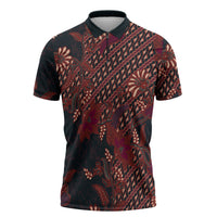 Indonesian Parang Batik Zipper Polo Shirt Red Floral Pattern